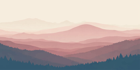 A misty morning sun rises over a vast mountain landscape, where dense fog and light clouds drift through the forest valley at dawn © BIBI