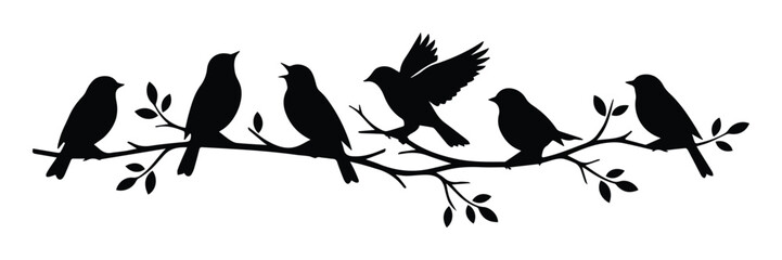 Black bird silhouettes on tree branch vector, group of songbirds sitting on leafy twig, minimalist nature wall art design, avian wildlife illustration © Carter