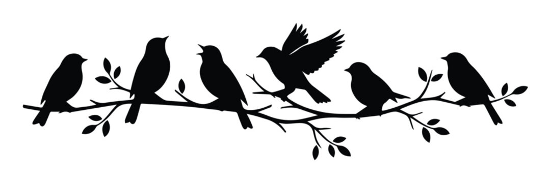 Black bird silhouettes on tree branch vector, group of songbirds sitting on leafy twig, minimalist nature wall art design, avian wildlife illustration