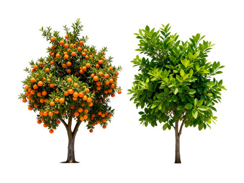 [Transparent Background PNG]Two Small Fruit Trees with Green Leaves and Orange Fruit