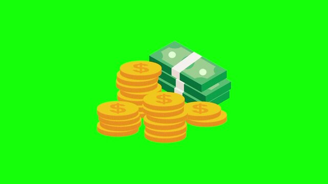 Dollar cash money paper and gold coins. Single animated cartoon vector icon. Simple business income idea, finance, economic symbol. Popup animation green screen background template