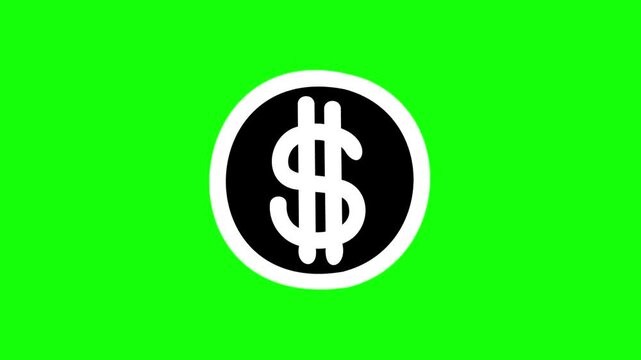Coin money with black and white animated dollar sign cartoon vector icon. Simple business income idea, cash, savings symbol. Popup animation green screen background template