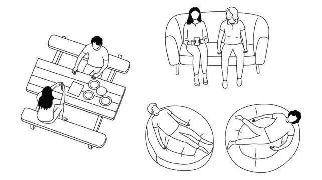 overhead perspective drawing set of people interacting on sofa beanbag and dining table, vector illustration for architecture and interior layout design.
