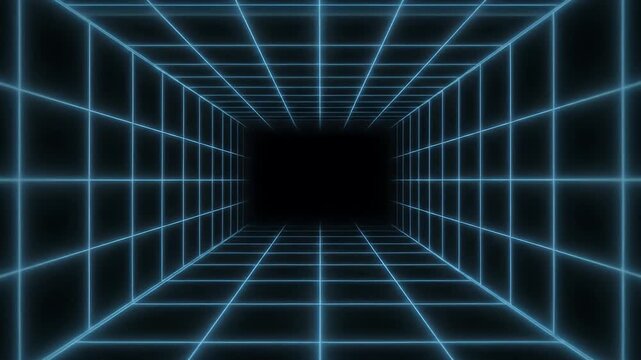Glowing blue grid tunnel leading into dark cyberspace