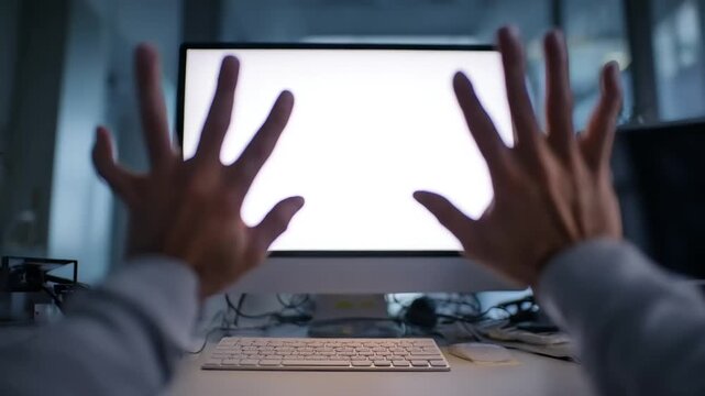 Person interacting with a blank computer screen