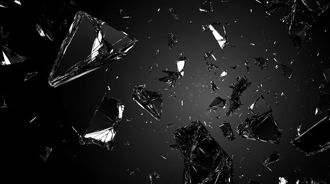 Black background with broken glass effect and floating fragments, shattered mirror on transparent backdrop, high contrast black and white abstract design with cracks and flying pieces for powerful vis
