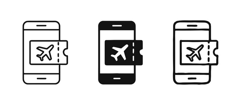 Mobile Flight Ticket Icon Set with Smartphone and Boarding Pass for Travel Booking and Digital Check-in