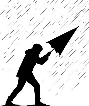 Black Silhouette of a Man Struggling with an Inside-Out Umbrella in Heavy Rain and Wind Storm Vector Illustration
