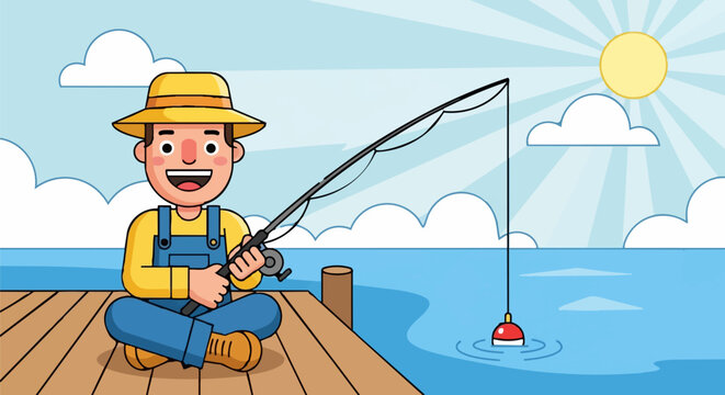 Man fishing on a dock with a fishing rod on a sunny day by the lake