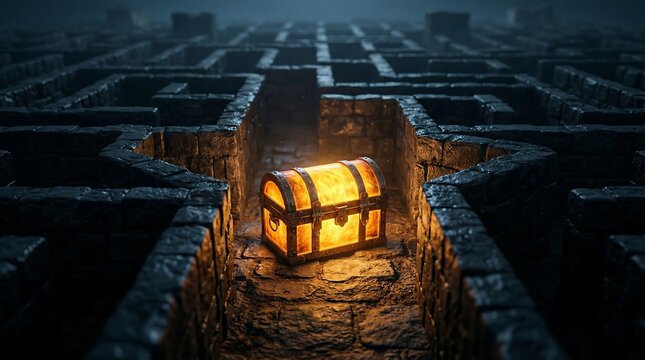 Glowing Treasure Chest Found in Dark Labyrinth, Symbolizing Success After Overcoming Business Challenges
