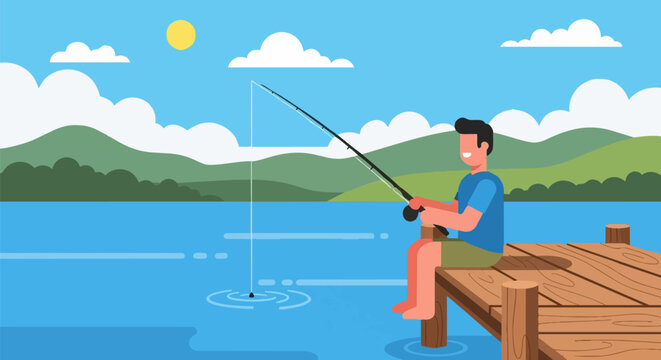 Man sitting on a wooden dock fishing in a serene lake surrounded by green hills