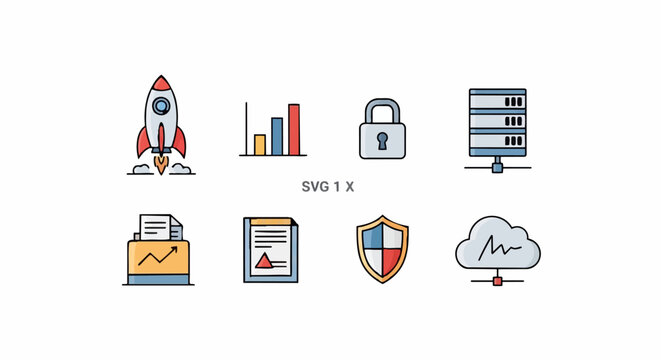 A collection of eight icons depicting business and technology concepts on a white background