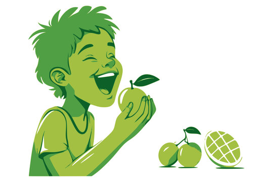 Laughing cartoon boy enjoying juicy mango slice, vibrant tropical fruit illustration with playful expression on clean white background
