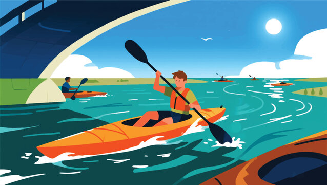 Illustration Of A Person Paddling A Boat Across A Bridge Vector Design Template