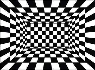 Obraz premium Black and white checkered pattern creating a 3d optical illusion tunnel
