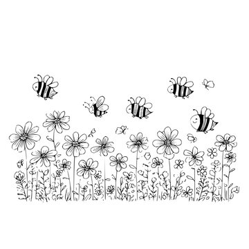Hand drawn sketch of busy bees flying over a field of wildflowers featuring intricate floral patterns and whimsical insect illustrations on a clean isolated white background
