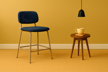 Fototapeta premium Modern interior design with wooden stool, yellow mug, and dark blue upholstered bar chair against a yellow wall.