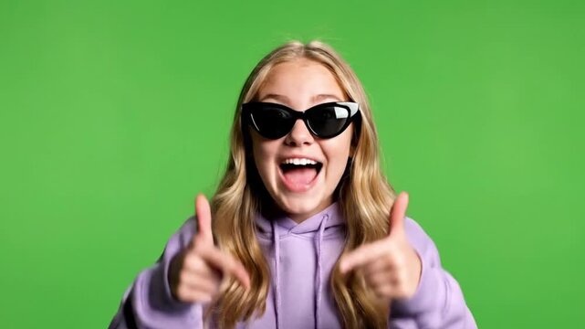 Excited young woman wearing sunglasses giving thumbs up on green screen background for social media content creation and expressive studio portrait with positive energy