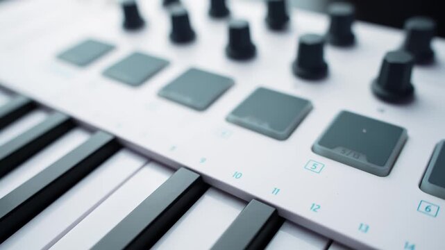 Close-up of a compact MIDI keyboard controller with pads and rotary knobs, capturing modern music production gear, electronic composition workflow, and sleek studio technology detail.
