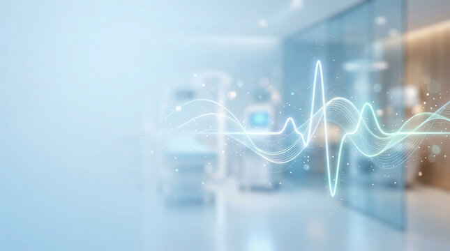 Medical background hospital corridor with heartbeat waveform and glowing line over blurred interior conveying calm modern healthcare technology. Ideal for digital health concept and patient care