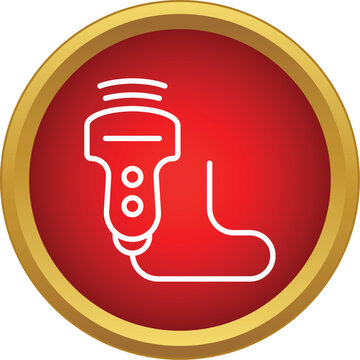 Ultrasound transducer displaying waves within a red circle frame with a gold border