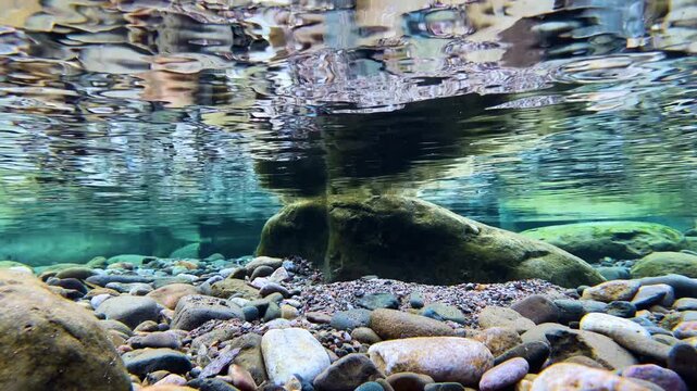 Crystal clear freshwater with boulders and small fish swimming underwater