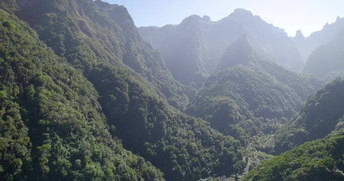 Breathtaking aerial shot of the misty, deep green valleys of Ribeiro Frio.