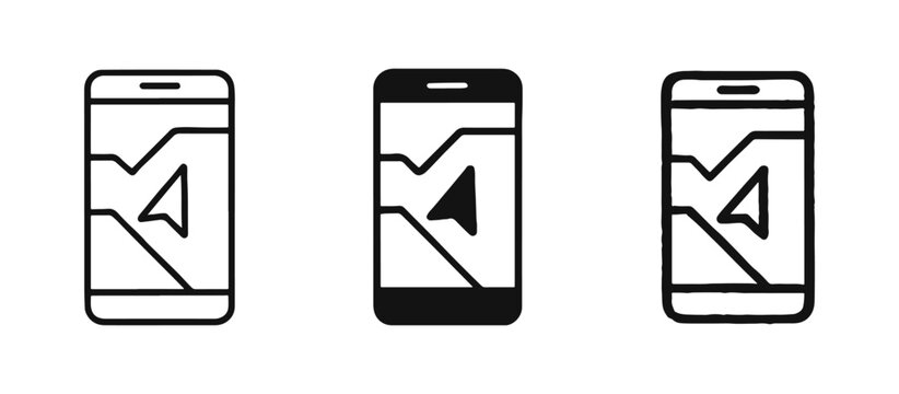 Smartphone GPS Navigation Icons - Mobile Map and Arrow in Line, Solid, and Hand-Drawn Styles