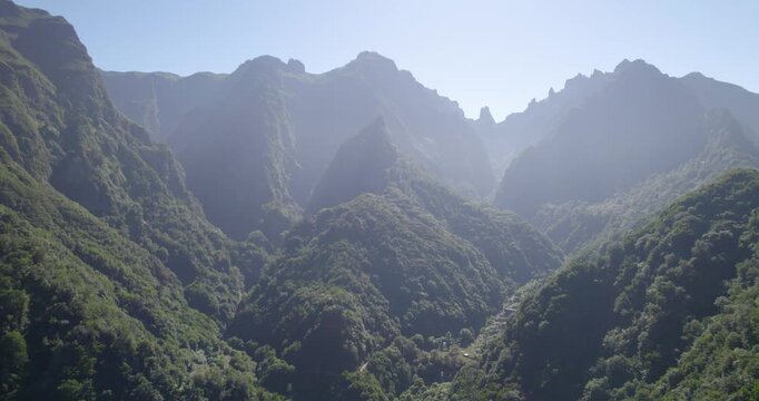 Drone flight through the dramatic mountain passes and peaks of the Ribeiro Frio region.