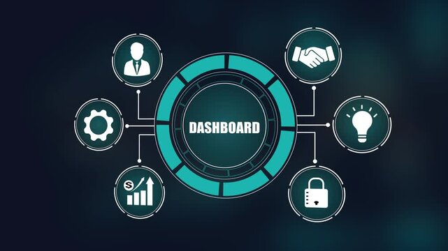 Digital dashboard interface with futuristic data visualization, Glowing infographic icons for business analytics and strategic performance management.