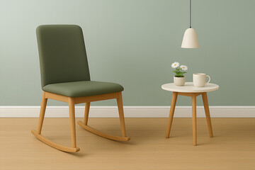 Obraz premium Olive green upholstered rocking chair in minimalist sage green room with side table and lamp.
