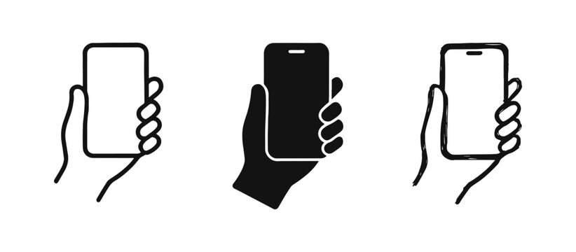 Hand Holding Smartphone Icons - Mobile Device Set in Line, Solid, and Hand-Drawn Styles
