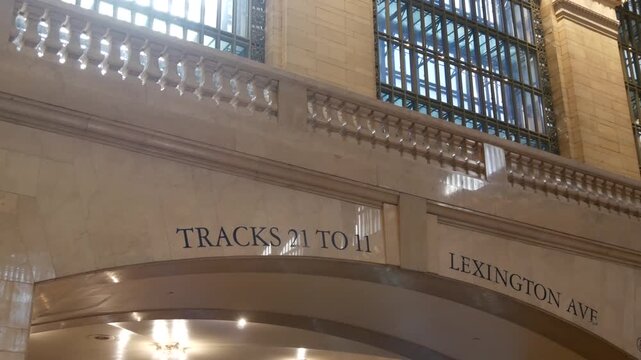 New York City Grand Central Terminal on 42 street, United States. Architecture details inside railway building. Public passenger transportation in NYC, Manhattan Midtown. Railroad station interior.