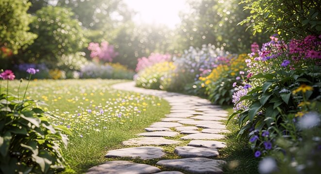 A winding stone path leads through a beautiful, sun-drenched garden filled with a vibrant array of colorful flowers and lush green foliage.
