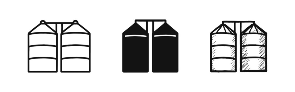 Grain silo icons for agriculture and farming in outline, solid and hand drawn styles
