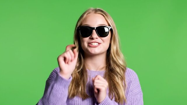 Confident young woman wearing sunglasses posing playfully against vibrant green background expressing modern lifestyle fashion and cheerful personality