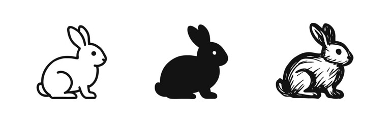 Obraz premium Rabbit icons, bunny silhouettes and sketches in outline, solid and hand drawn styles