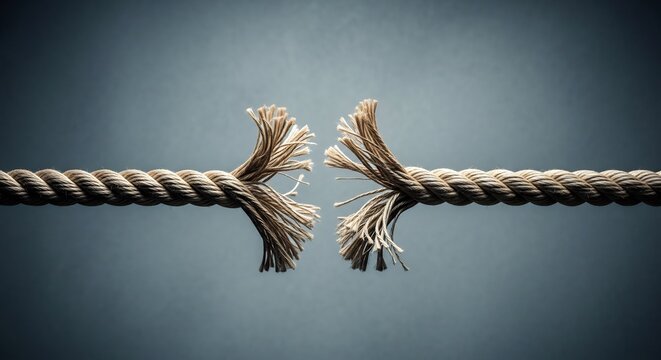 Broken Rope Frayed Ends on Gray Background.
