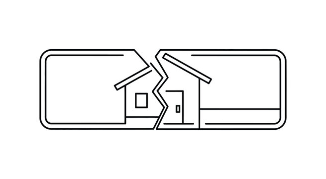 Broken home symbolic vector illustration, house divided into two parts representing separation and property division.