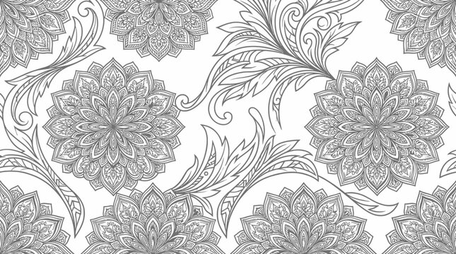 Intricate grayscale damask floral pattern featuring ornate rosettes and leafy swirls for textile and wallpaper design.