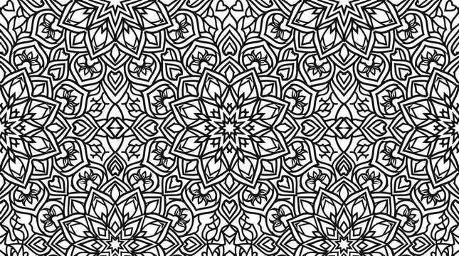 Intricate black and white mandala pattern featuring seamless geometric symmetry for decorative design elements.