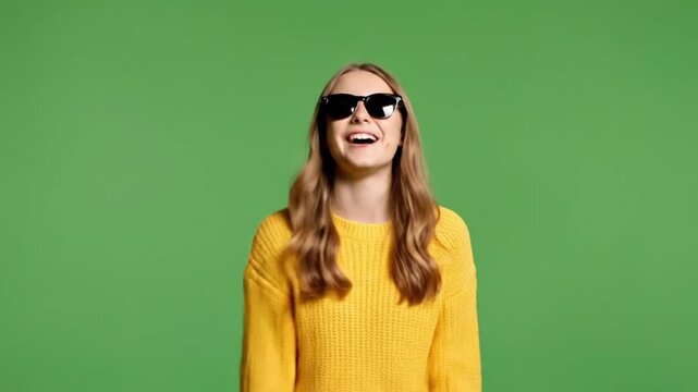 Smiling woman wearing sunglasses posing in front of green screen background for chroma key video production studio portrait