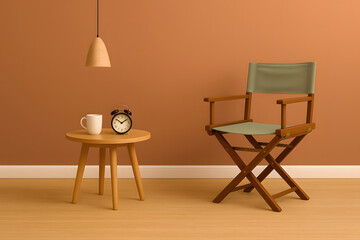 Fototapeta premium Minimalist workspace with sage green folding chair and alarm clock on round side table.