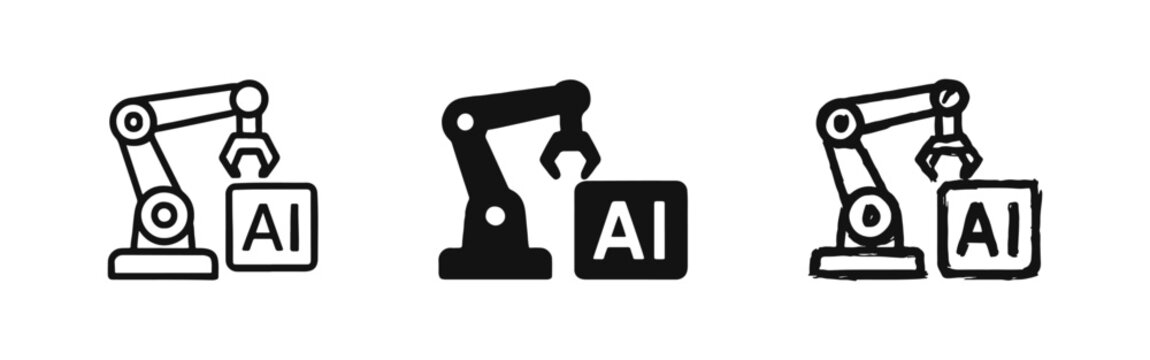 Industrial robotic arm with AI cube icons for smart automation and manufacturing