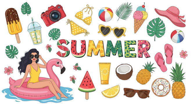 A woman lounges on a pink flamingo float surrounded by summer items.