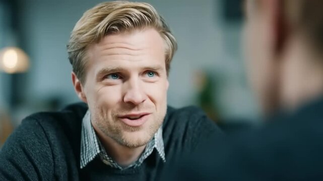 Happy man smiling during a casual conversation indoors
