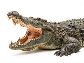 Fototapeta premium Nile Crocodile with open mouth showing sharp teeth isolated on white background