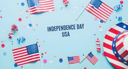 Obraz premium Happy independence day usa festive patriotic layout with american flags confetti and holiday decorations