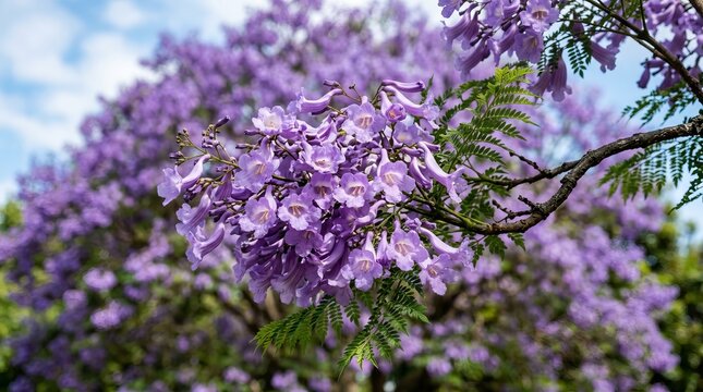 Vibrant purple jacaranda blossoms create a stunning floral display against a bright blue sky.