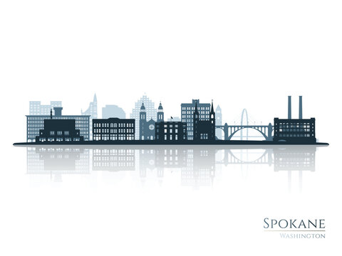 Spokane, WA skyline silhouette with reflection. Landscape Spokane. Vector illustration.